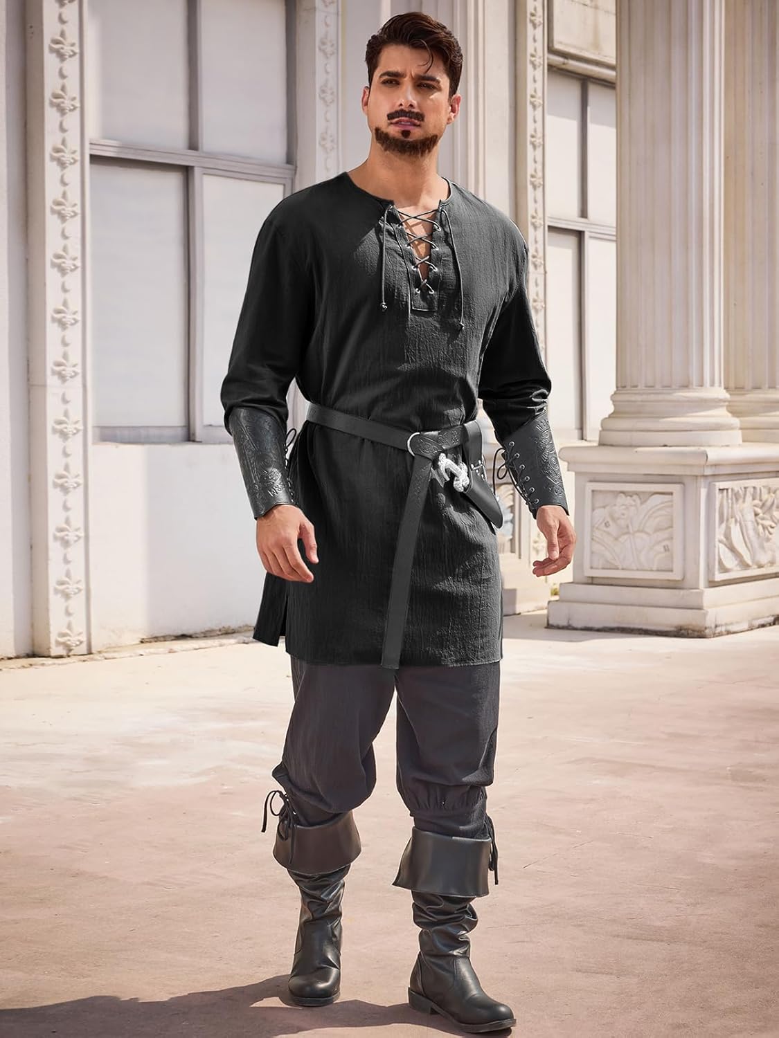 Runcati Mens Medieval Pirate Costume Tunic Renaissance Viking Lace Up Cotton Shirts Knight Warrior LARP Halloween Tops - Image 4