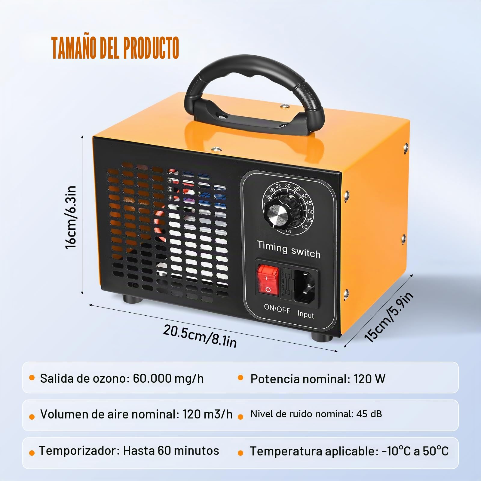 Generador de ozono de 60.000 mg/h, purificador de aire de ozono para coche con temporizador de hasta 60 min para el hogar, limpiador desinfectante de aire acondicionado