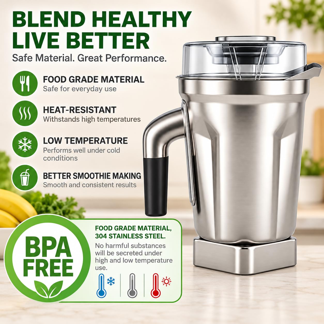 Bote mezclador de acero inoxidable de 64 onzas compatible con Vitamix 5200