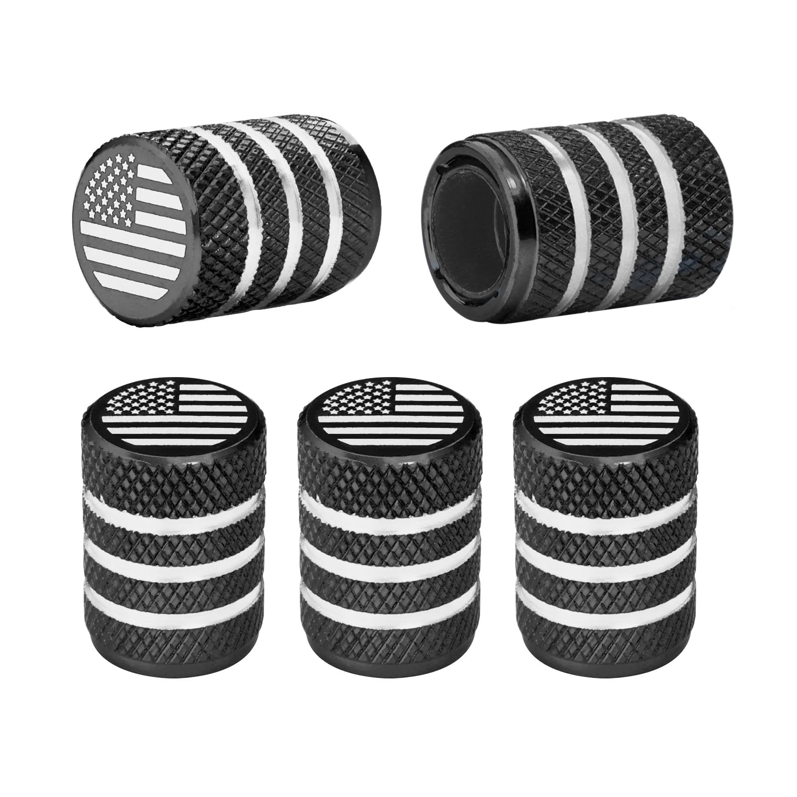 Tire Valve Stem Caps 5 pcs，Black American Flag， Aluminum Alloy,Anodized Aluminum Tire Valve Cap Universal Fit for Cars/Motorcycles/Bikes,