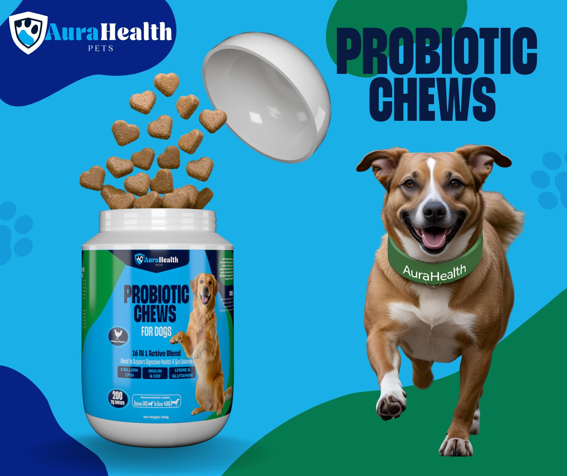 AuraHealth Probiotic 200 Chews up to 4-month supply for Small to Madium Dogs 16-in-1 Support Gut Health, Diarrhea & Allergies - Image 2