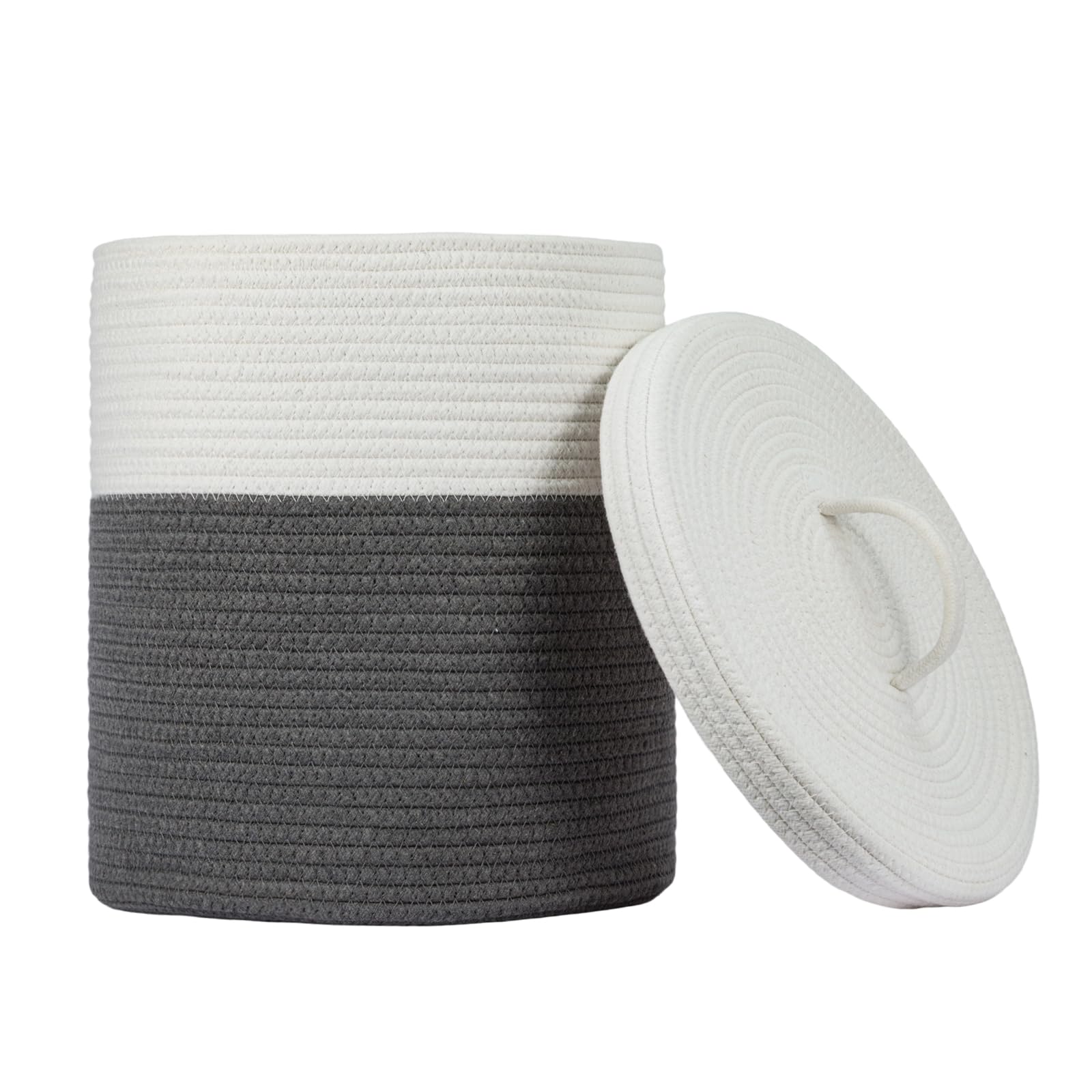 Sunnynest Gray Round Woven Storage Basket With Lid – & White Fabric Organizer Bin, Stackable Laundry Basket For Closet, Bathroom, Or Living Room Storage (Gray)