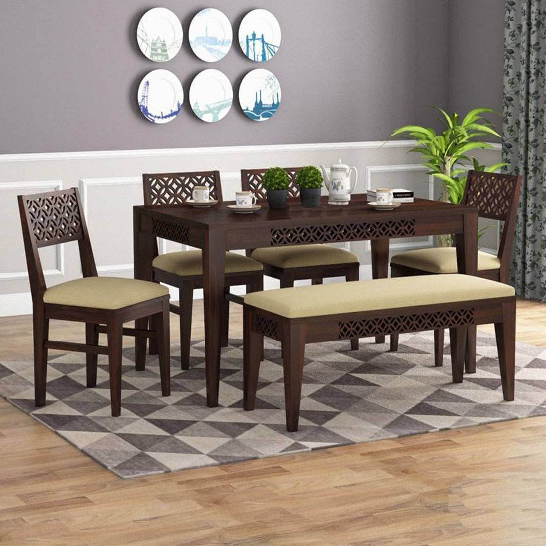 FLATU ART Sheesham Wood CNC 6 Seater Dining Table Set with Bench and ...