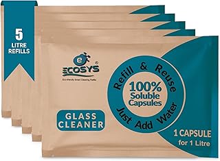 Ecosys 5L Glass & Surface Cleaner Capsules Eco-Friendly for Car, Kitchen & Home Glass Surfaces Non-Toxic Refill Packs -Multi Purpose Cleaner Mirror Cleaner-Pack of 5 1 Soluble Capsule makes 1L