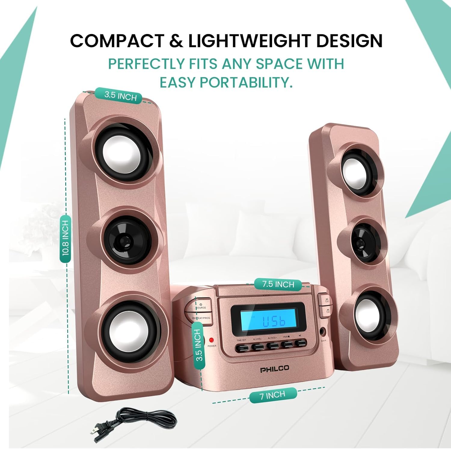 Philco Stereo Regalsysteme Kompaktes CD-Regalsystem mit digitalem FM-Stereo-Radio, Bluetooth-Funktechnologie und Fernbedienung in Roségold | LCD-Display | MP3- & AUX-Anschluss kompatibel
