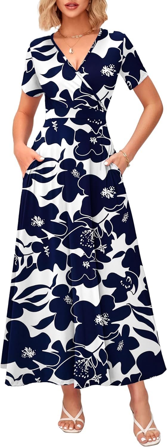 WNEEDU Women's Summer Maxi Dress Short Sleeves Wrap V Neck Long Dresses with Pockets
