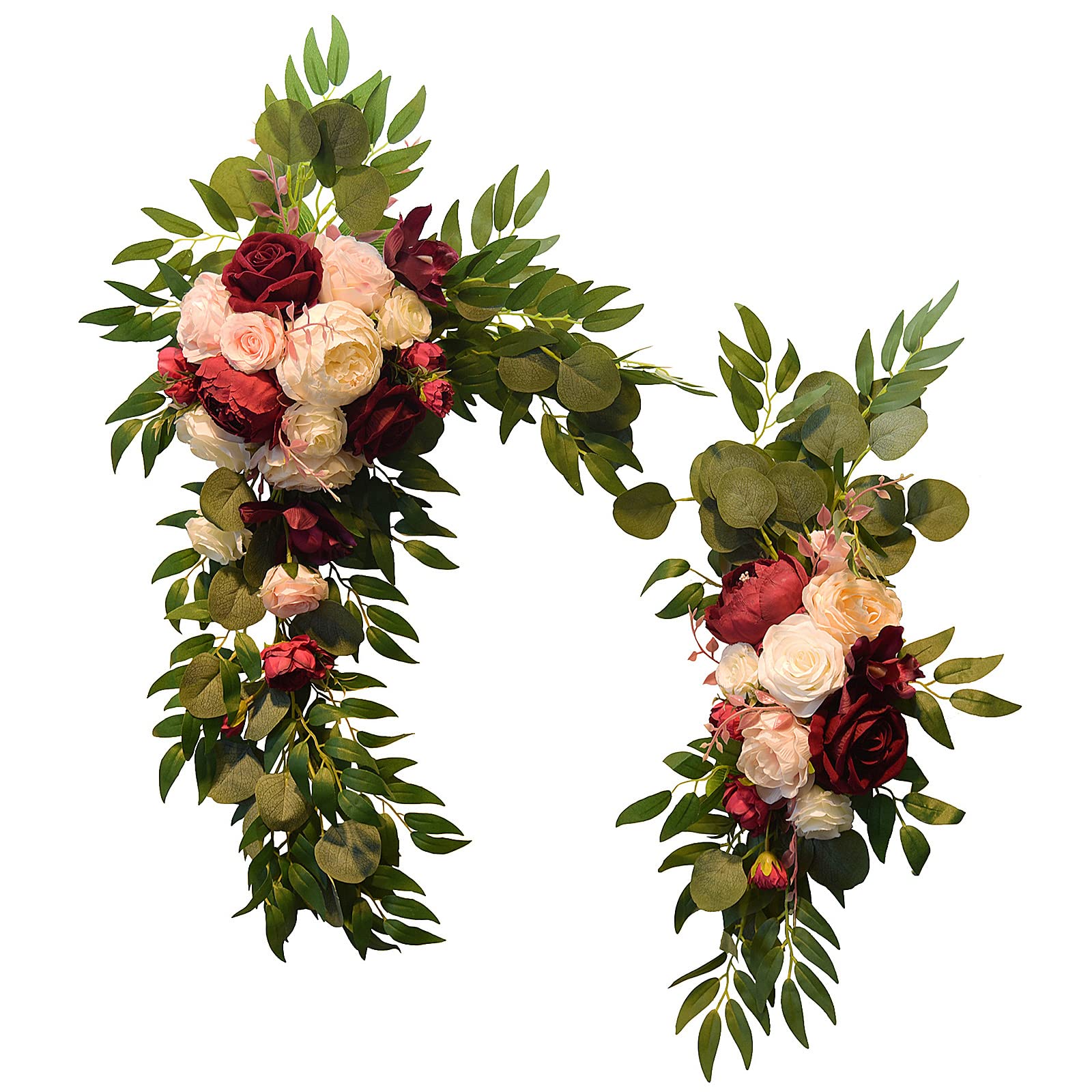Firlar Artificial Wedding Arch Flowers Kit, 2 Pcs Decorative Floral Swag with Red Rose, Pink Peony and Eucalyptus Leaves Fake Peony Garland Wreath for Wedding Chair Party Ceremony Backdrop Decor