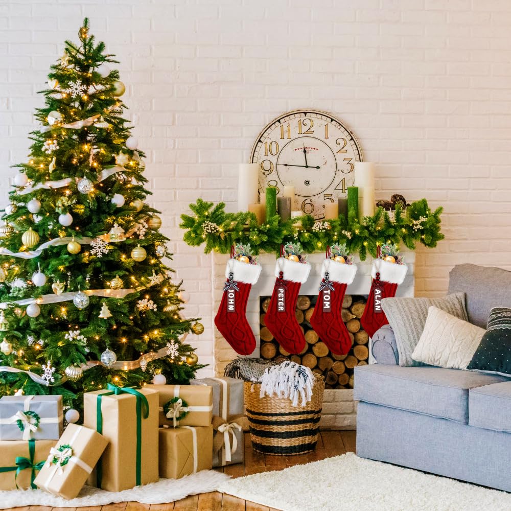 XIMISHOP 4PACK Christmas Stockings,18Inches Large Red Cable Knitted Stocking Personalized Xmas Hanging Stocking Decorations with Name Tags for Holiday Christmas Party Family Decor