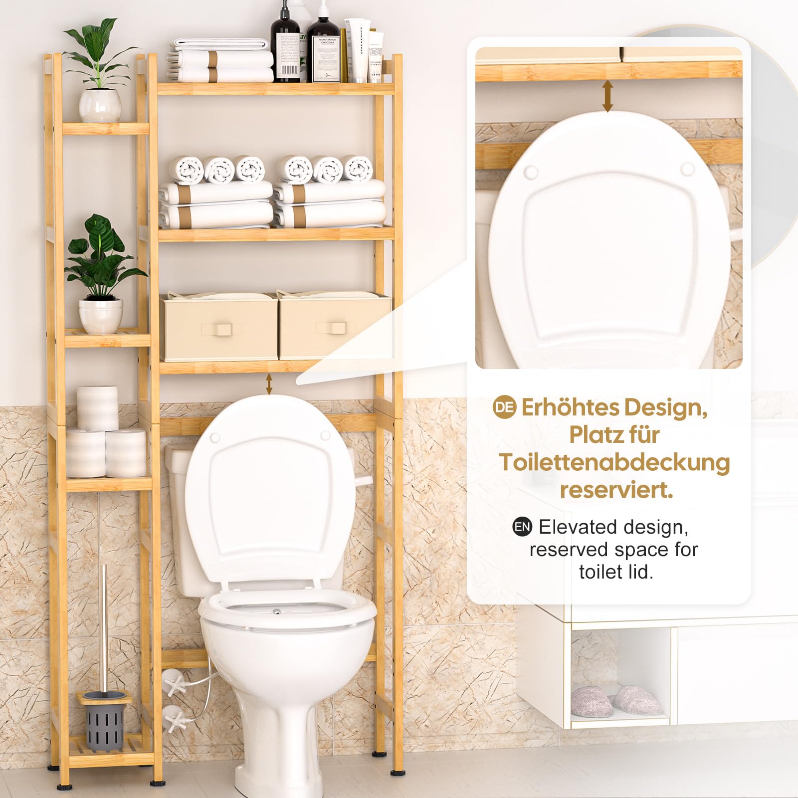 Yorbay Estantería para inodoro con 2 cestas, estantería de baño de bambú, 3 niveles ajustable, con almohadilla impermeable para los pies, multifuncional, ahorra espacio, fácil montaje (natural)