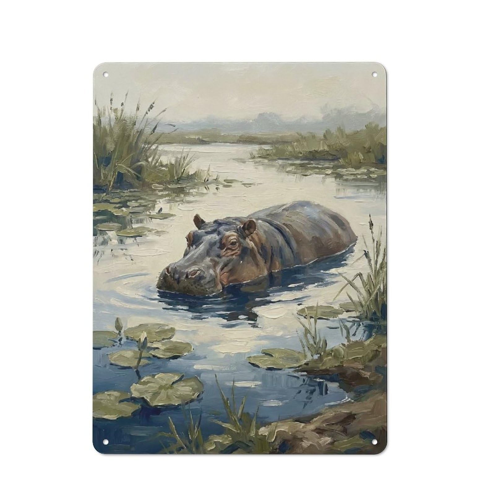 Junmoney Style Tin Wall Sign With Hippopotamus In A Lily Pond Design 40X30cm, Classic Kitchen Wall Decor For Restaurant, Kitchen, Counter Or Breakfast Nook