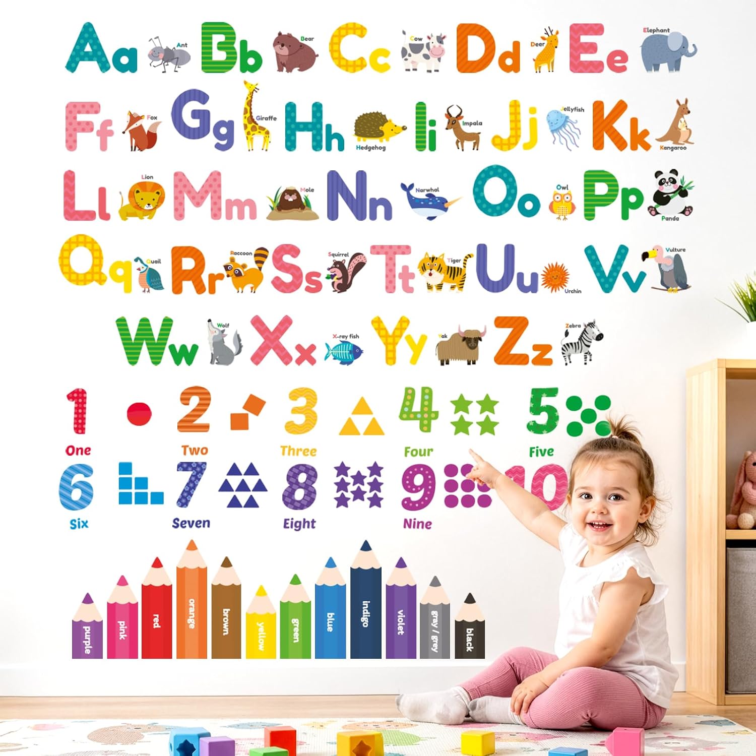 DECOWALL DS8-1614 Colourful Animal Alphabet ABC Kids Wall Stickers Wall Decals Peel and Stick Removable Wall Stickers for Kids Nursery Bedroom Living Room décor