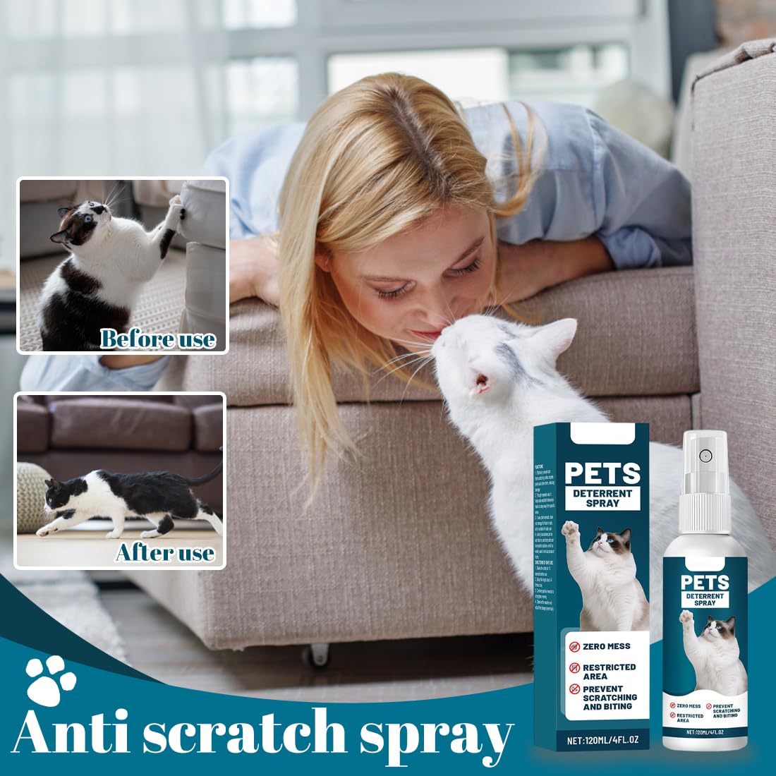 EIHI 120ml Spray antigraffio per gattiper Gatti Divano, Uso Interno ed Esterno,protezione divano graffi gatto, Protezione del Divano e Mobili, Ideale per Casa e Giardino