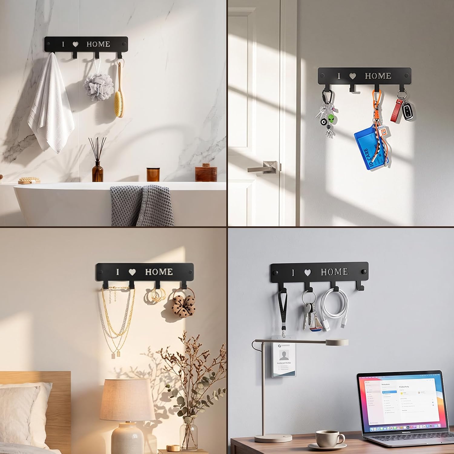 4-Hook Metal Key Holder Wall Mount with Self-Adhesive Back