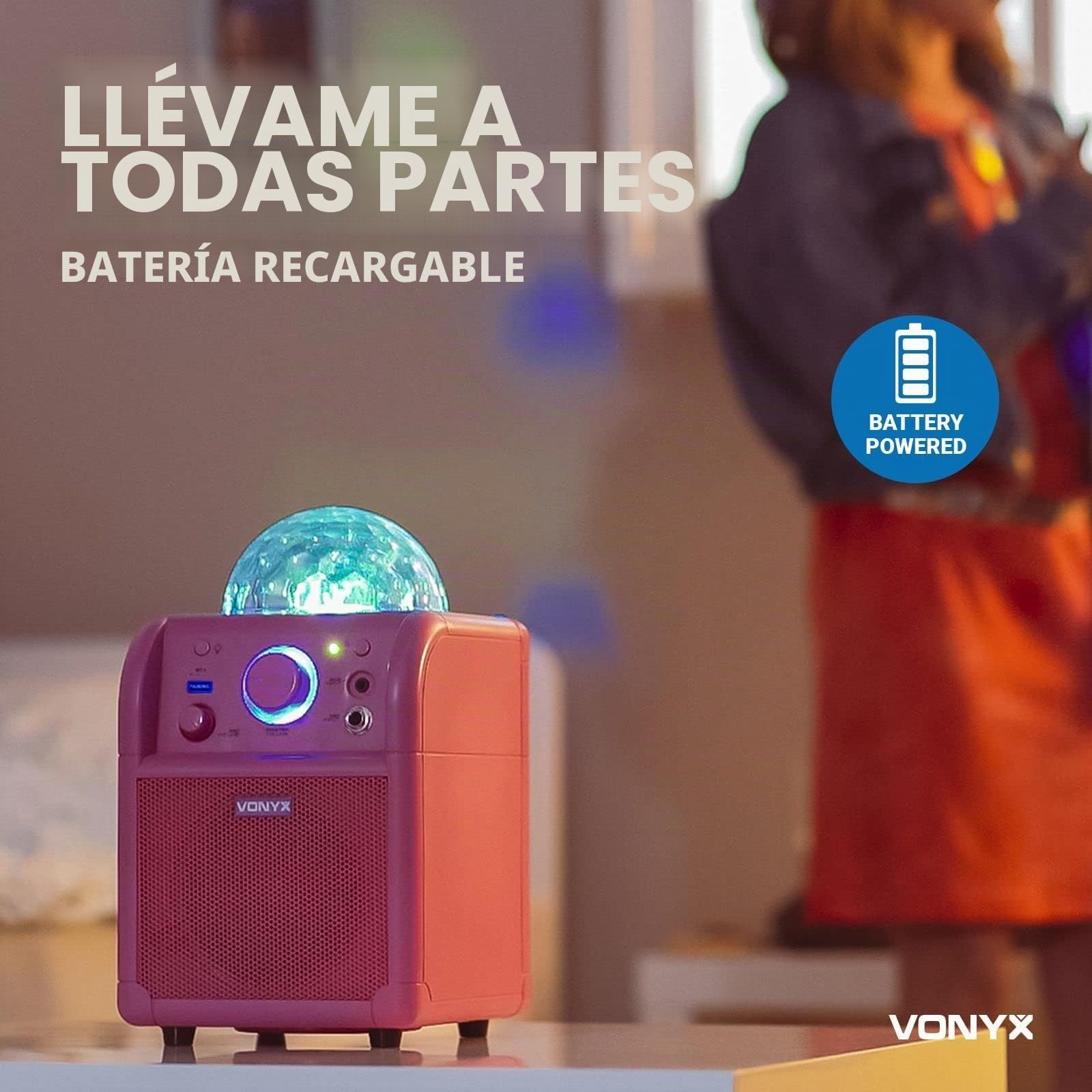 Vonyx SBS50P Altavoz portátil Set de Karaoke para Fiesta con micrófono y Efecto Eco, Bluetooth, Bola de Discoteca con Efectos de Luces LED, Entrada Auxiliar - Rosa