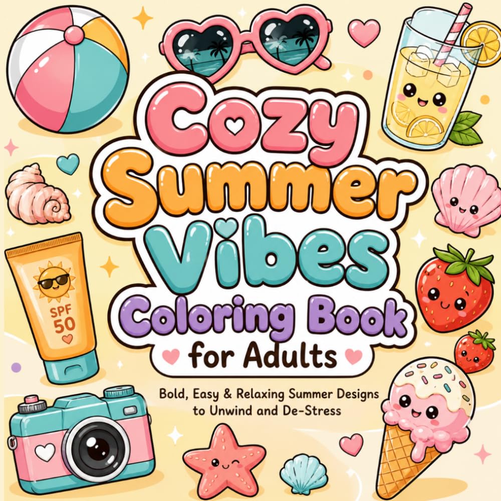 cozy summer vibes coloring book for adults: Bold and Easy Coloring Book for Adults and Kids with Fun Summer Activities, Cute Characters, and Beach Scenes