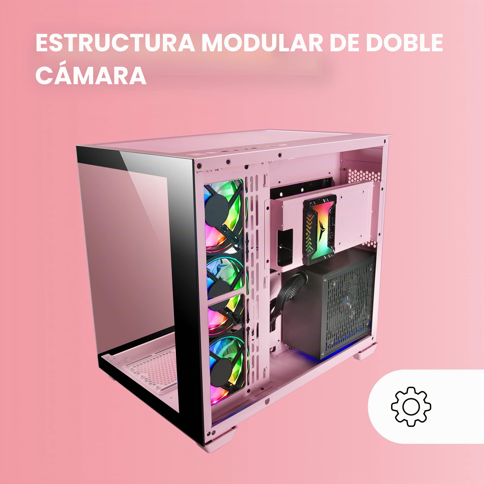 Mars Gaming MCV4, Torre Gaming Custom XXL E-ATX, Ventana Cristal Templado Lateral y Frontal Sin Marco, Estructura Modular Doble Cámara, Rosa