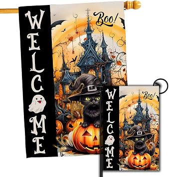 DECORLUXES Halloween House Flag 28x40 Double Sided, Welcome Cat Halloween Large Garden Flags Garden Outside Decor, Yard Flag Decorations House + Garden flag
