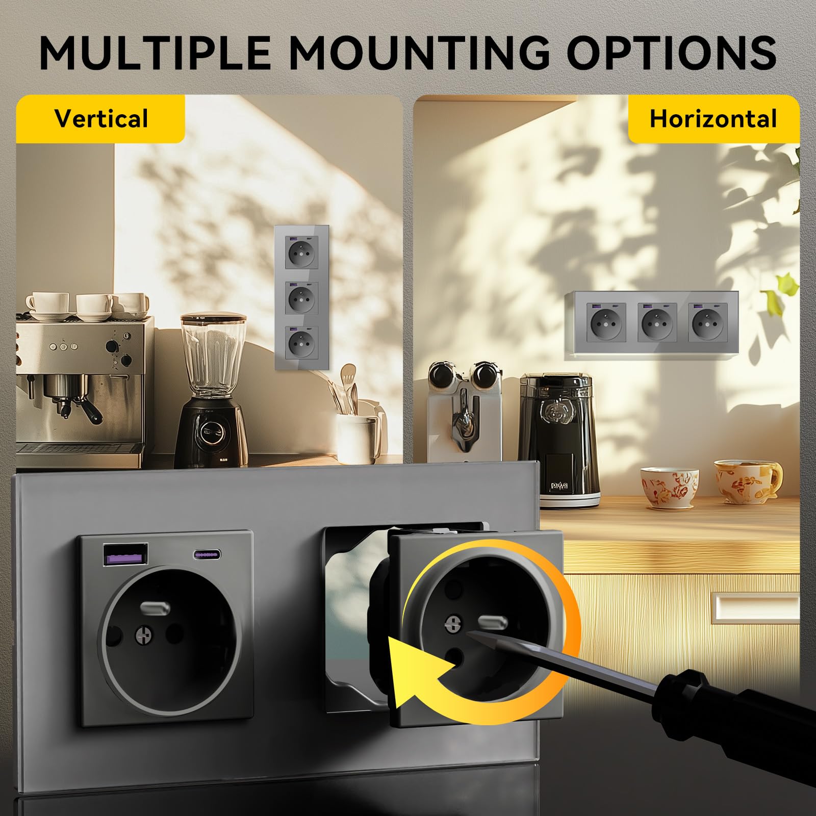 Prise Murale avec USB et 1 Type C PD 20W,16A Normes Françaises Prise Electrique Encastrable,Facile à Installer,Panneau en Verre Cristal, 228 * 86mm,Gris