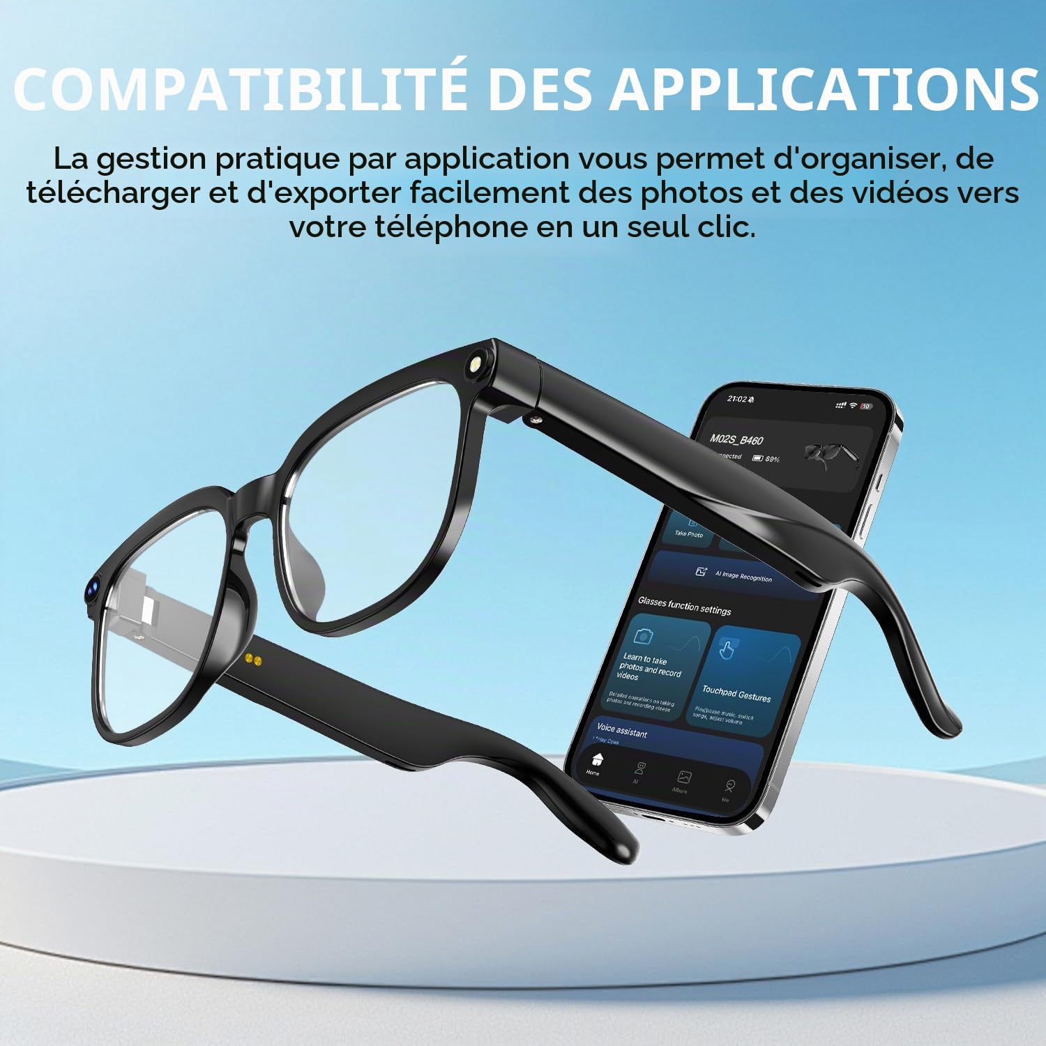 Lunettes AI Smart Camera - Vidéo HD 1080p, Photo, Traduction vocale : avec Verres de Protection Solaire/lumière Bleue interchangeables, Utilisation en extérieur, randonnées à vélo, randonnée