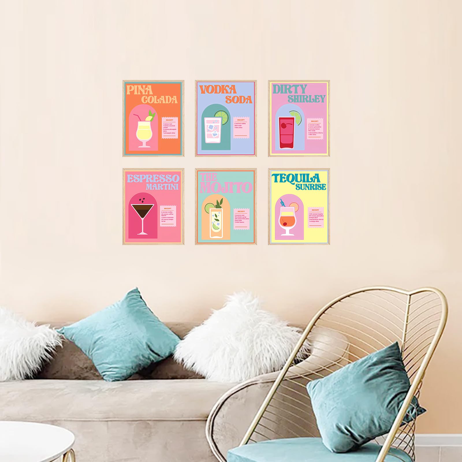 Set Di 6 Stampe Da Parete Retrò Con Cocktail E Carrello Bar - Poster Artistici Su Tela Per Cucina E Sala Da Pranzo, Stile Vintage