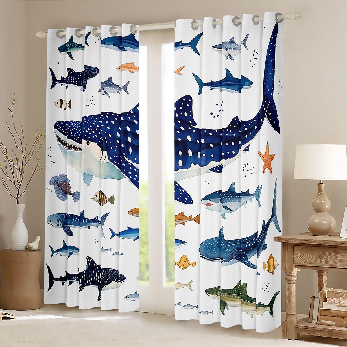 Homemissing Tende per balene di squali per camera da letto soggiorno animali pesce oceano tende oscuranti creatura vita marina trattamenti finestre, 2 pannelli larghezza 132 x lunghezza 230 cm