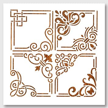 NBEADS Corner Painting Stencil, Reusable Square Border Painting Templates DIY Art Craft Painting Wall Cut Stencils 11.811.8" for Painting on Wood Canvas Paper Furniture Wall
