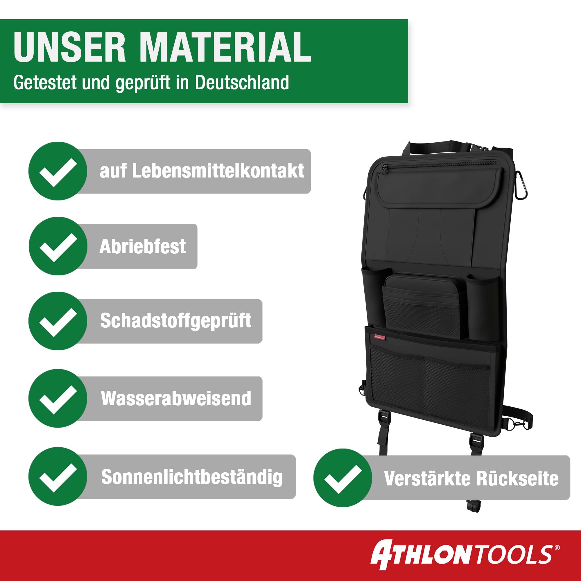 ATHLON TOOLS Der stabilste Autositz-Organizer - mit verstärkter Rückwand - Lebensmittelecht - mit integriertem Tablet-Halter - mit Extra Federtasche - für Business und Kinder - Designed in Hamburg