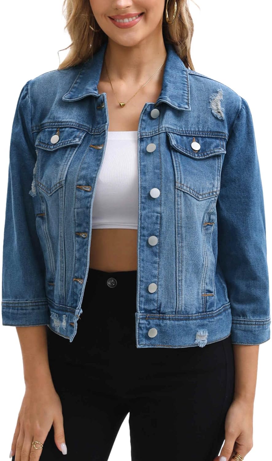 Women Cropped Jean Jacket 3/4 Sleeve Button Down Spring Casual Washed Denim Jacket