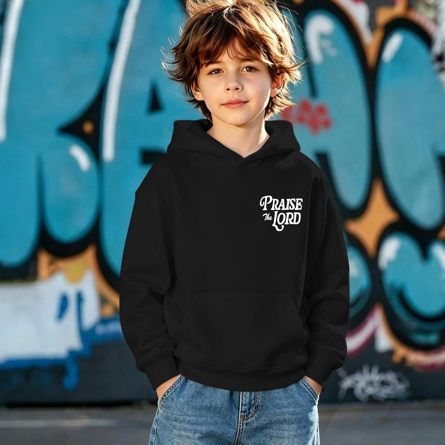 Fkatuzi Boys Christian Graphic Hoodies Jesus Hoodie Kids Praise The Lord Sweatshirt God Religious Faith Bible Verse Pullover