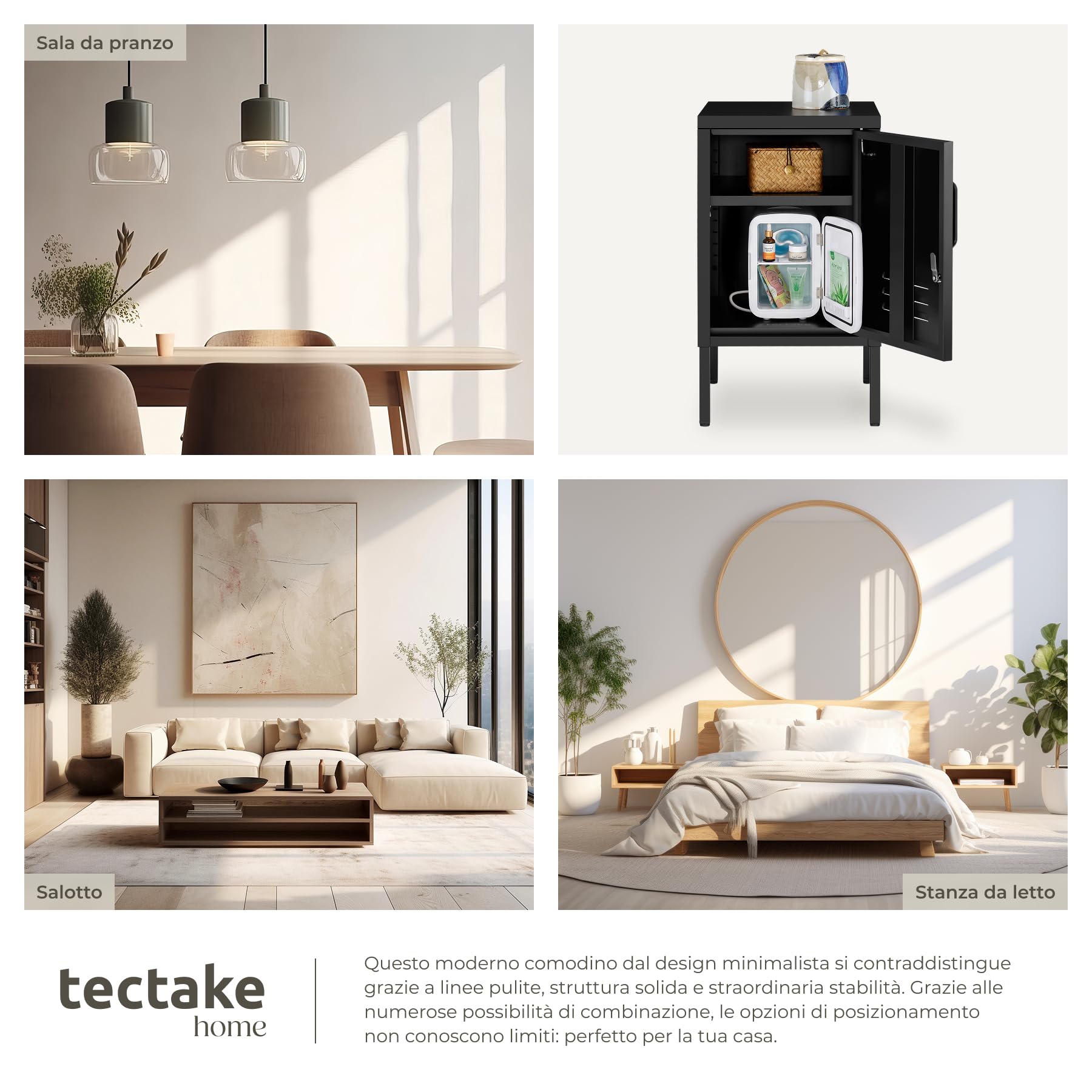 tectake® Comodino Camera da Letto in acciaio, 35x42,5x60,5 cm, mobiletto salvaspazio, ripiano regolabile, anta con chiave, chiusura magnetica, piedini regolabili, Tavolino Laterale da Divano - Nero