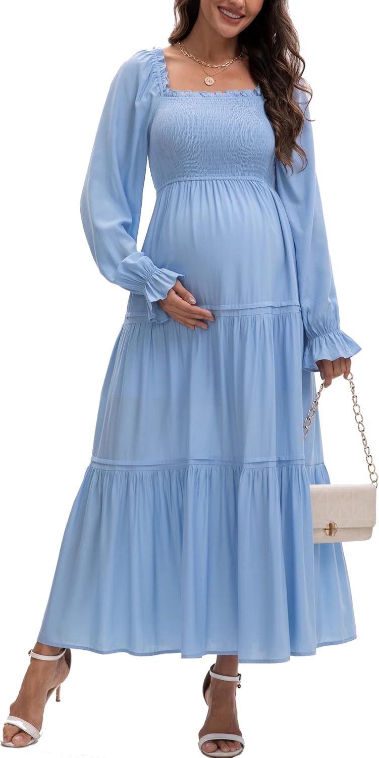 Women's Fall Long Sleeve Maternity Maxi Dress Flowy Tiered A Line Photoshoot Baby Shower Dress - Image 3