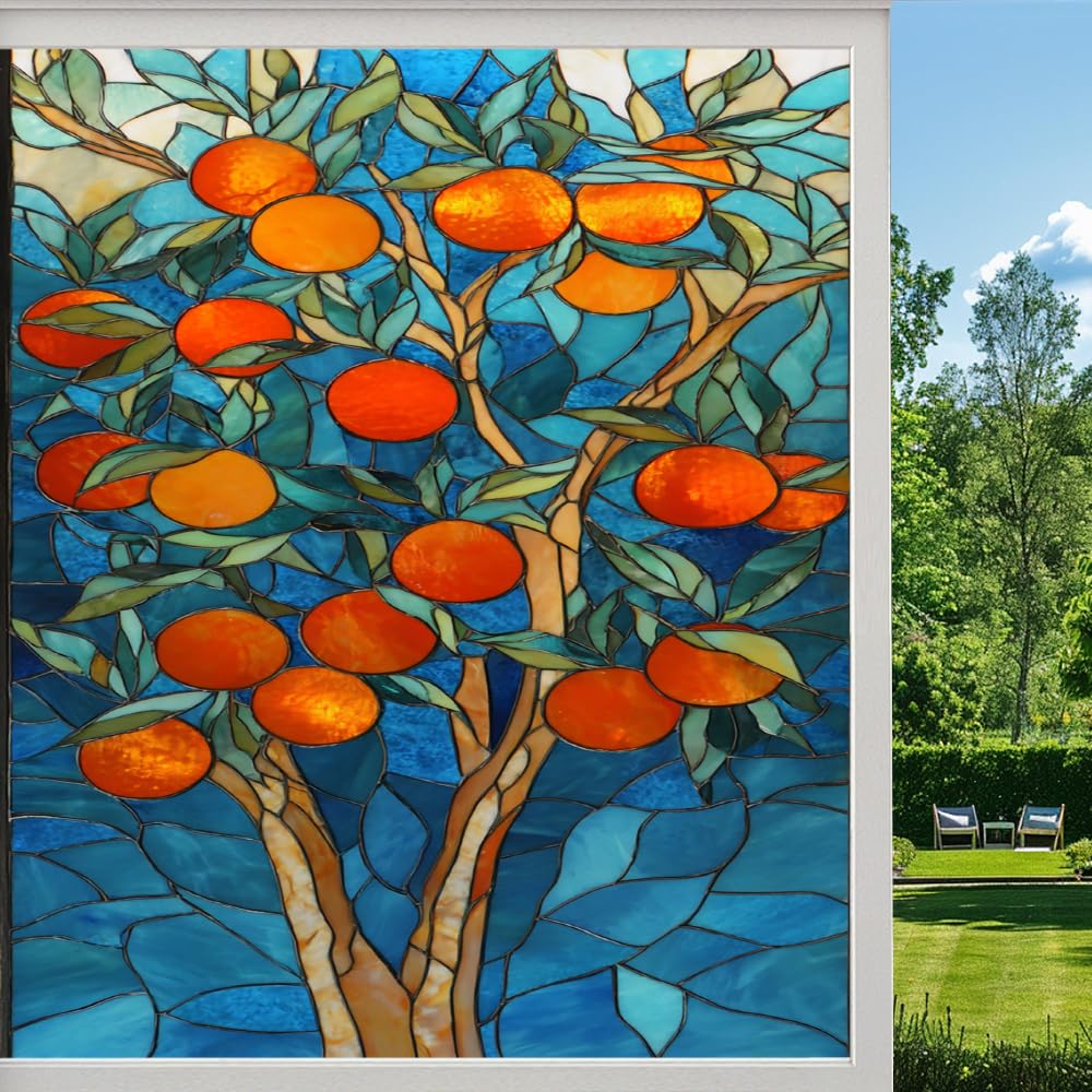 Pmlbaous Natural Fruit Tree Stained Glass Window Film, Abstract Orange Rural Peel And Stick Privacy Film, Frosted Adhesive Vinyl Decorative For Bathroom Windows Glass Doors, （45X60cm）