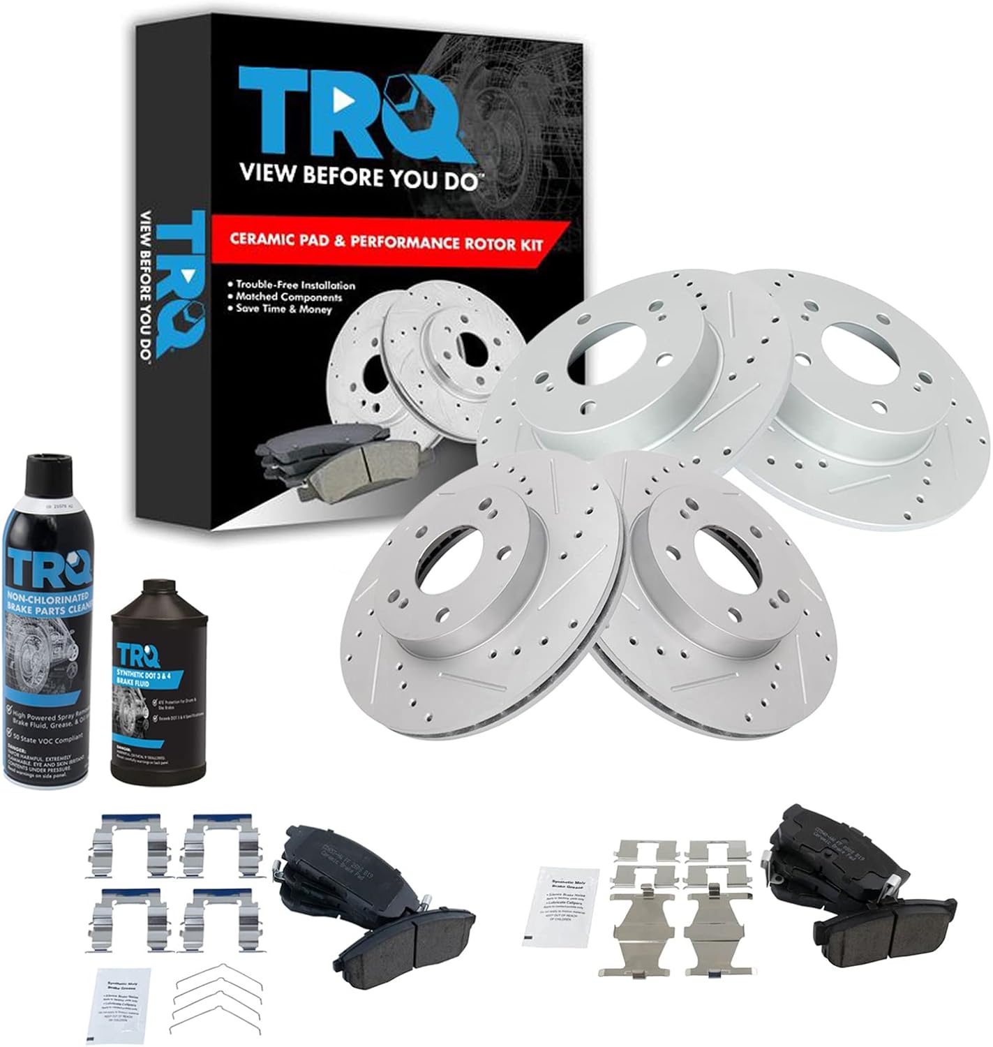 TRQ Front and Rear Performance Brake Pad & Rotor Kit Brake Chemical Kit Brake Pads Brake Rotors Set Ceramic Premium G-Coated Compatible with 1996-1999 INFINITI I30 1994-1999 Nissan Maxima