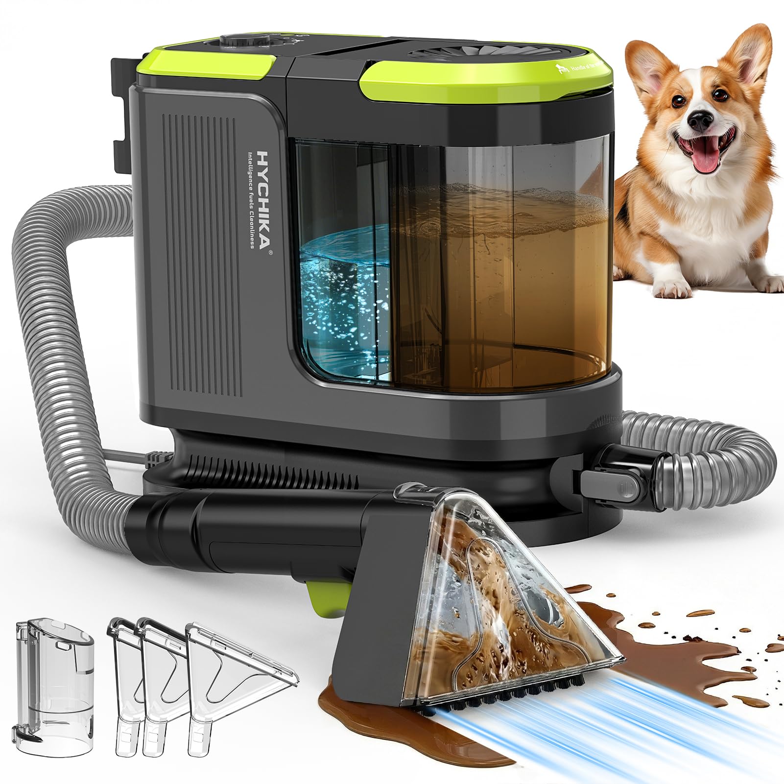 HYCHIKA Shampouineuse Canapé, Nettoyeur Canapé Tissu 1800W, 17 kPa Injecteur Extracteur Portable, avec Double Réservoir et Auto-Nettoyage, pour Tapis/Coussins/Sièges Auto, Familles Animaux