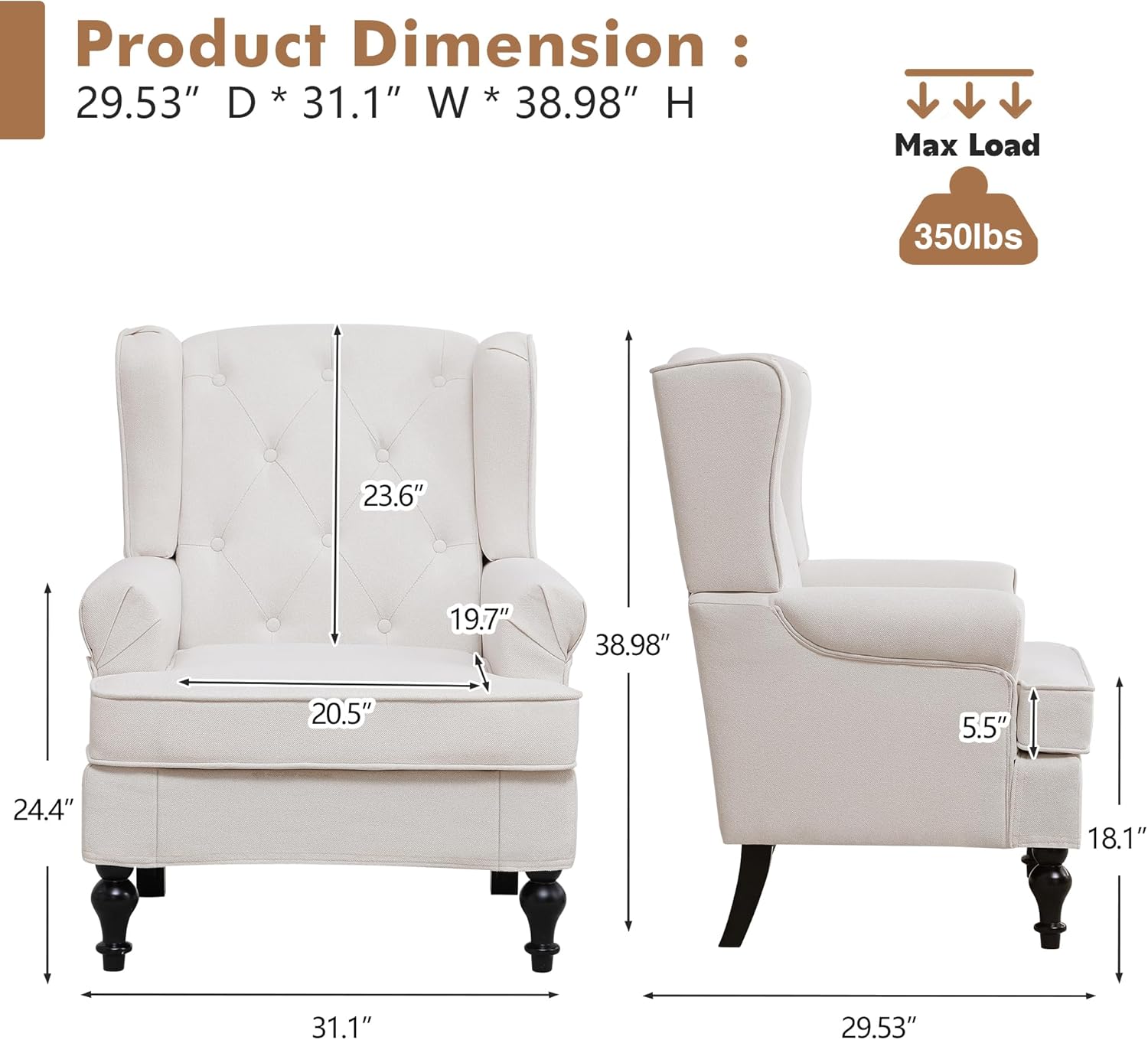 Accent Chair Set of 2, Mid Century Modern Fabric Wingback Chair, Upholstered Armchair with High Back and Vintage Legs, Comfy Single Sofa Side Reading Chair for Living Room Bedroom, Beige