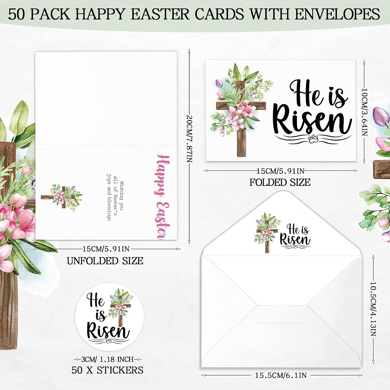 Roowest 50 Pack Easter Greeting Cards He Is Risen Cross Religious Cards 6 x 8'' with Envelopes and Stickers Inspirational Christian Spring Jesus Bible Alleluia Gift for Easter Church Priest - Image 2