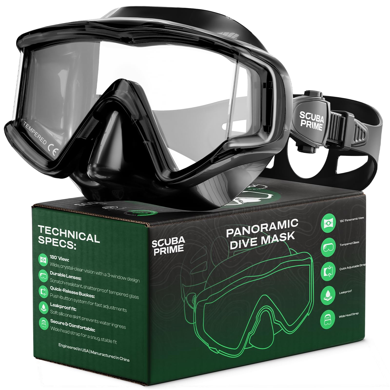 Pano - Máscara de buceo con 3 ventanas, color negro, máscara antivaho panorámica de 180° para buceo, esnórquel y natación, ajuste cómodo para adultos