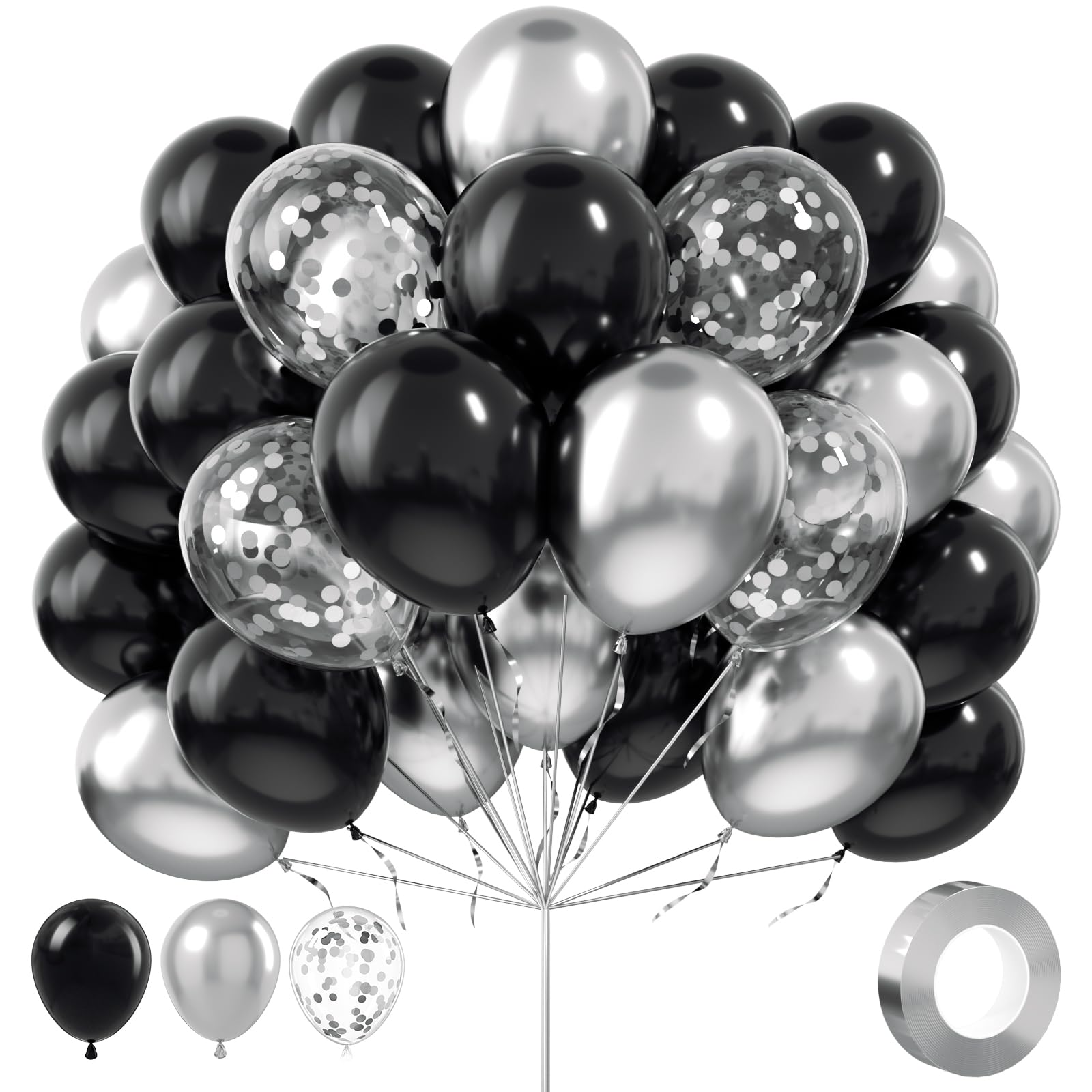 ADOINBY Black and Silver Balloons, 100Pcs 12inch Black and Metallic Silver Balloons Party Decorations with Confetti Balloon for Birthday Graduation