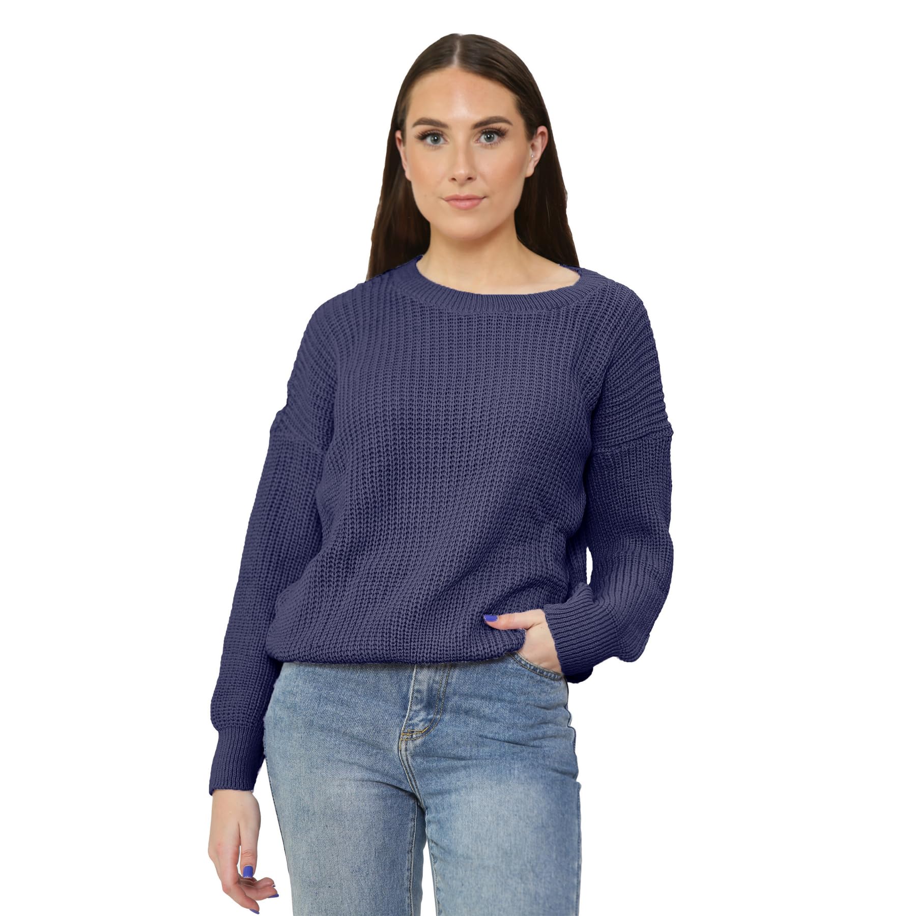 Hamishkane Women's Navy Hamishkane® Long Sleeve Baggy Fisherman Sweater, Chunky Knitted Crew Neck Jumper, Lightweight Pull Over Chunky Sweater Winter Oversized Jumpers