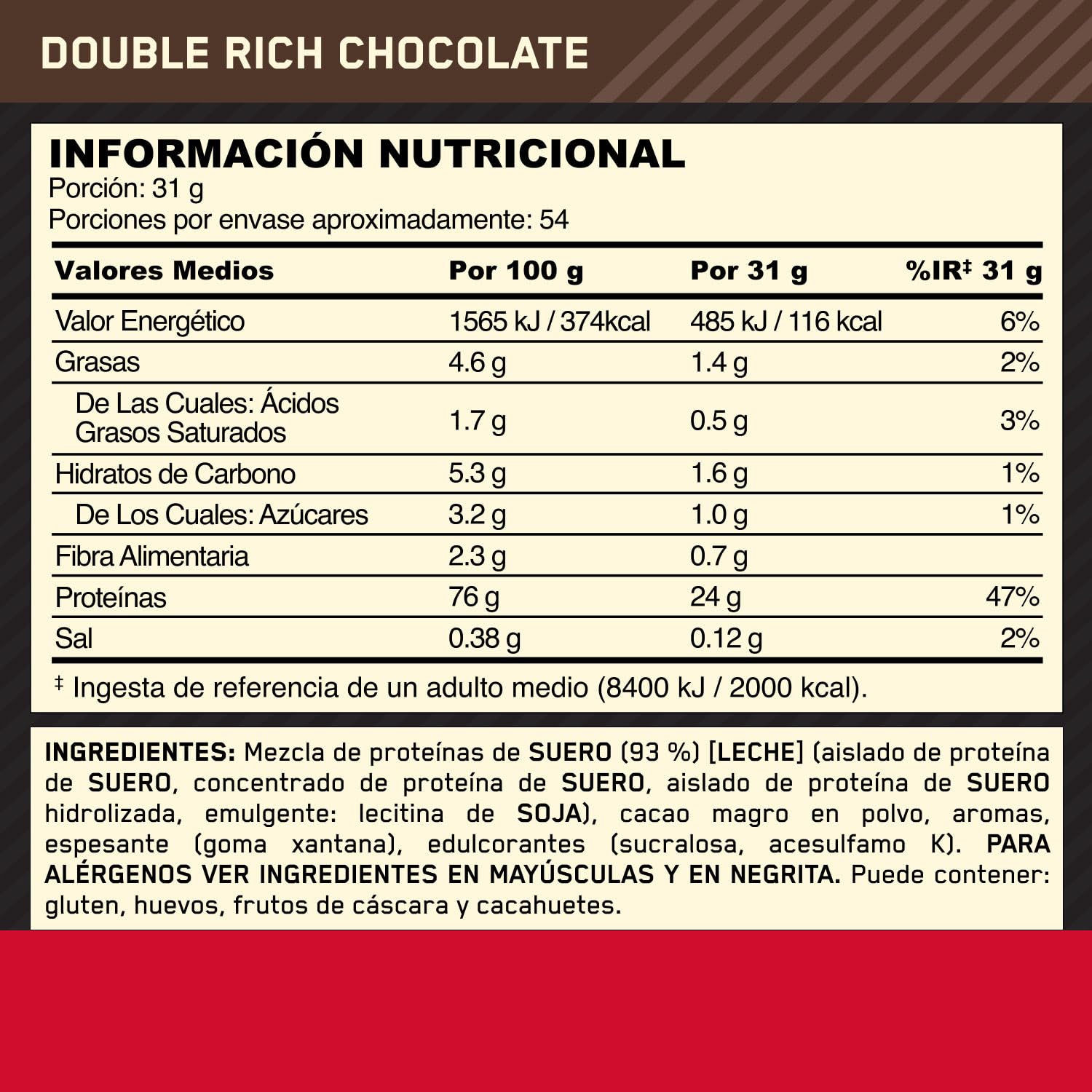 Optimum Nutrition Gold Standard 100% Whey, Proteína en Polvo, Sabor Doble Chocolate Rico, 1.62kg, 54 Servicios