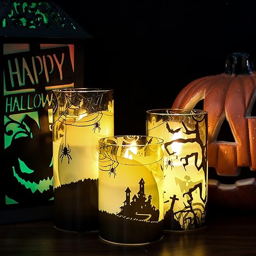 Miniatura 58 de Eldnacele - Velas LED parpadeantes sin llama de Halloween con temporizador de 6 horas, velas de cera que funcionan con pilas, con calcomanías