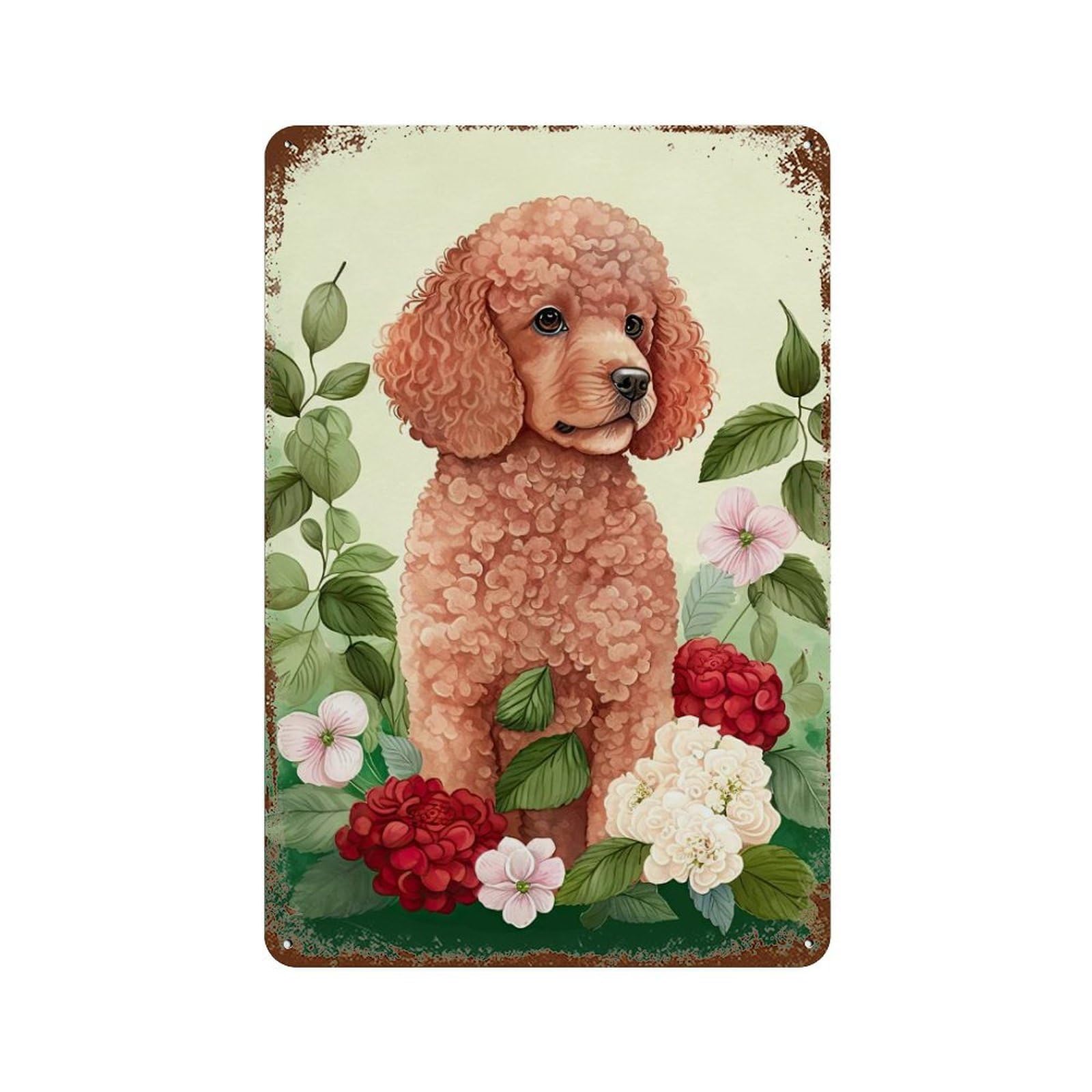Poodle Floral Portrait Weathered Tin Sign 11.8"x7.9", Vintage Wall Decor for Garage, Pub Or Kitchen