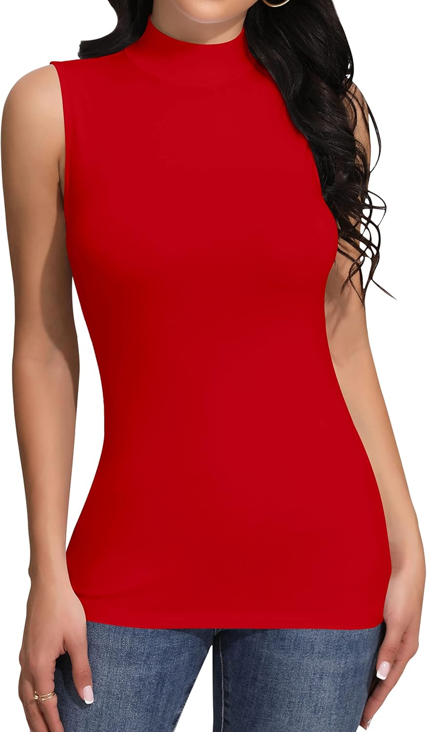 SHEIUGU Women’s Sleeveless Mock Turtleneck Tops for Women Sexy Tank T Shirts for Women Fitted Shirts Basic Tee(Sleeveless Red-A-Large)