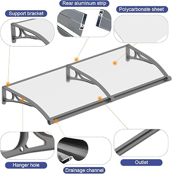 Window Door Awning Canopy Polycarbonate Outdoor Awnings For Sun Shutter Uv Rain And Snow Protection Awnings Exterior For Porch Patio Deck, Transparent panel + silver bracket(Size:100x100cm/39x39)