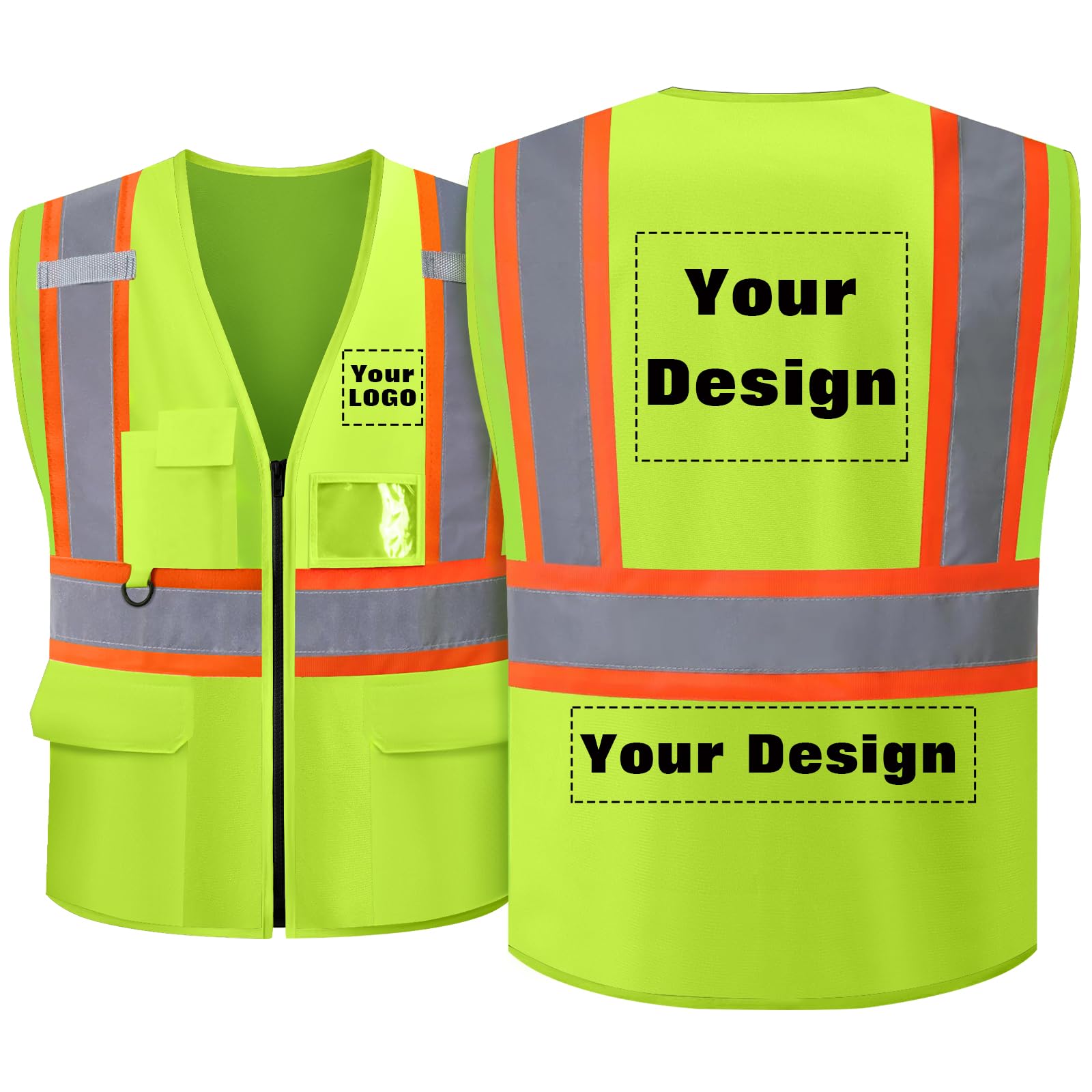 evershare Safety Vest Customize Logo with 5 Pockets & Zipper Reflective High Visibility Vest Class 2 Outdoor Workwear