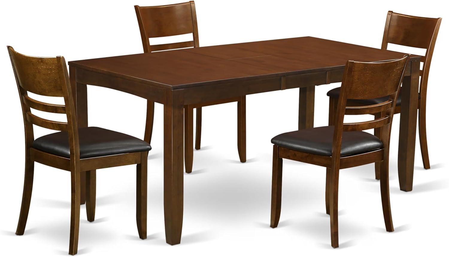 East West Furniture LYFD5-ESP-LC 5 Piece Dining Set Includes a Rectangle Dining Room Table with Butterfly Leaf and 4 Faux Leather Upholstered Kitchen Chairs, 36x66 Inch, Espresso