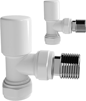 iBathUK Essence Wall & Floor Mounted Angled Round Radiator Valve Pair, Durable Brass Build Universal Fit Modern Bathroom Radiator Valves in Matt White, 15mm