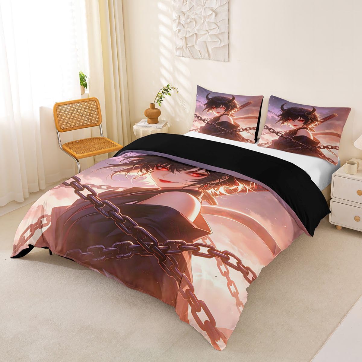 Feelyou Anime Girl Duvet Cover King Size Japanese Girl Bedding Set for Boys Girls Japanese Anime Comforter Cover Demon Bedroom Decor 3Pcs No Comforter Zipper Closure with 2 Pillowcases image 2