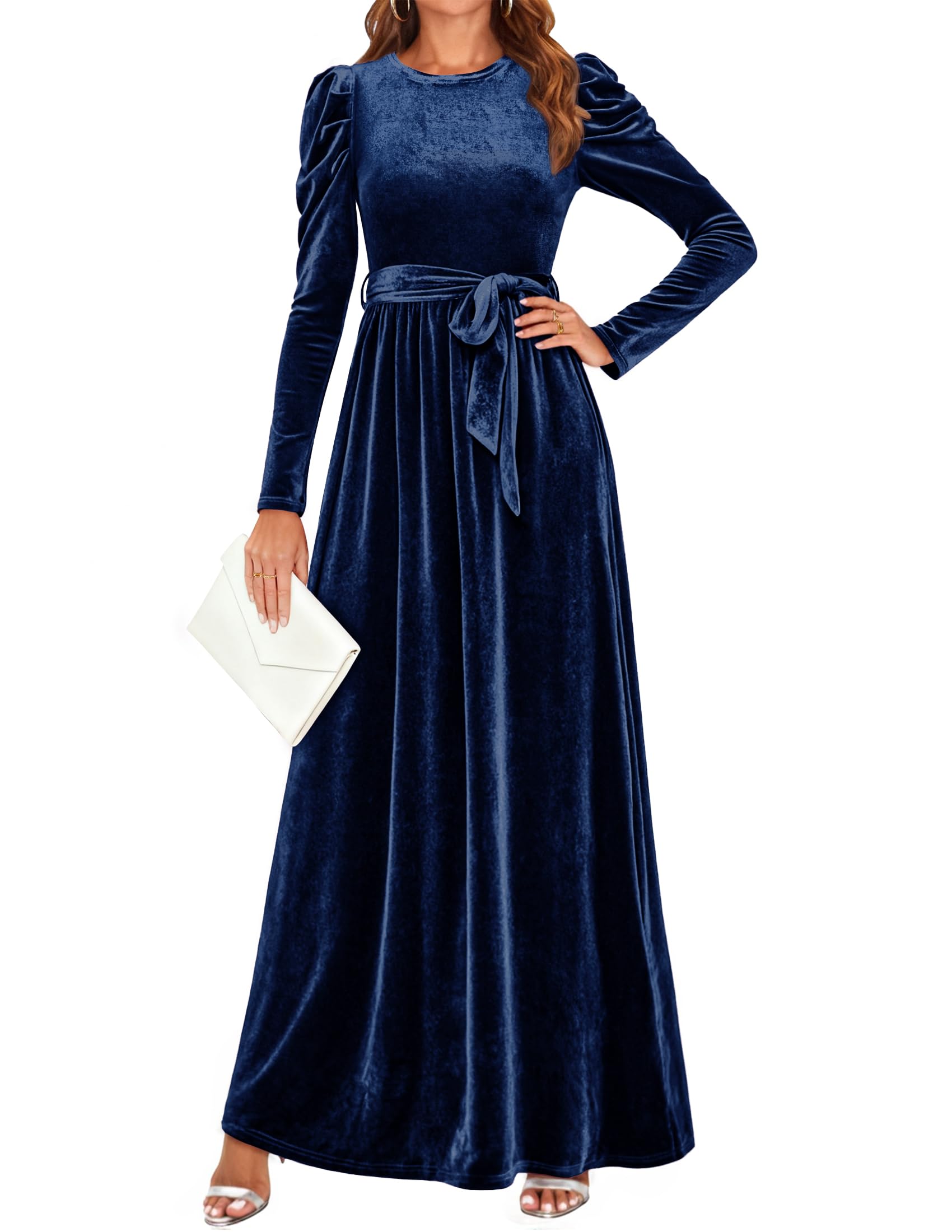 ZESICA Women's Velvet Maxi Dress Fall 2026 Long Puff Sleeve Crew Neck Elastic High Waist Cocktail Party Bridesmaid Dresses