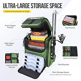 PLUSINNO Fishing Backpack with Rod Holders, 42L Large Water-Resistant Tackle Bag Store Fishing Gear, Camping, Hiking, Fish Gifts for Men Father, Black Camo